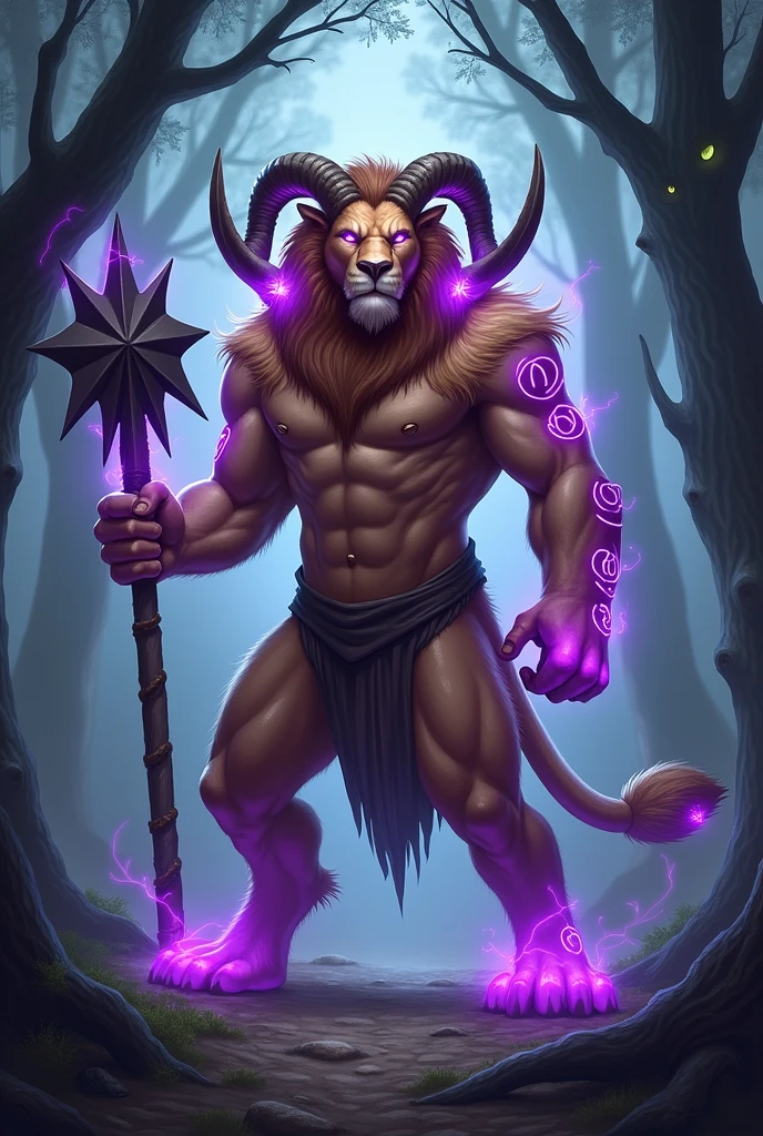 Ultra HD, 4500 x 5100 px, Generate an illustration of a mythical beast with the body of a lion and the head of a ram. The creature should be covered in glowing purple runes, holding a massive spiked mace. The background should have a dark forest with glowing eyes peering from the shadows.