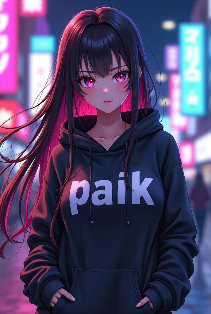 Create anime character; {background: HD capital text: “GLBK” in right-top, night}, white skin, realistic, HDR, beautiful, japan style, full body, ultra big Cup breast, age 27, hoodie HD text: “Paik”, female, color Gradient hair, long hair