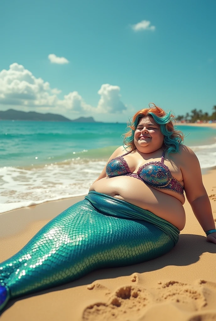 Create an image of a fat man lying on the sand of a beach dressed as a mermaid in São Jose do Rio Preto
