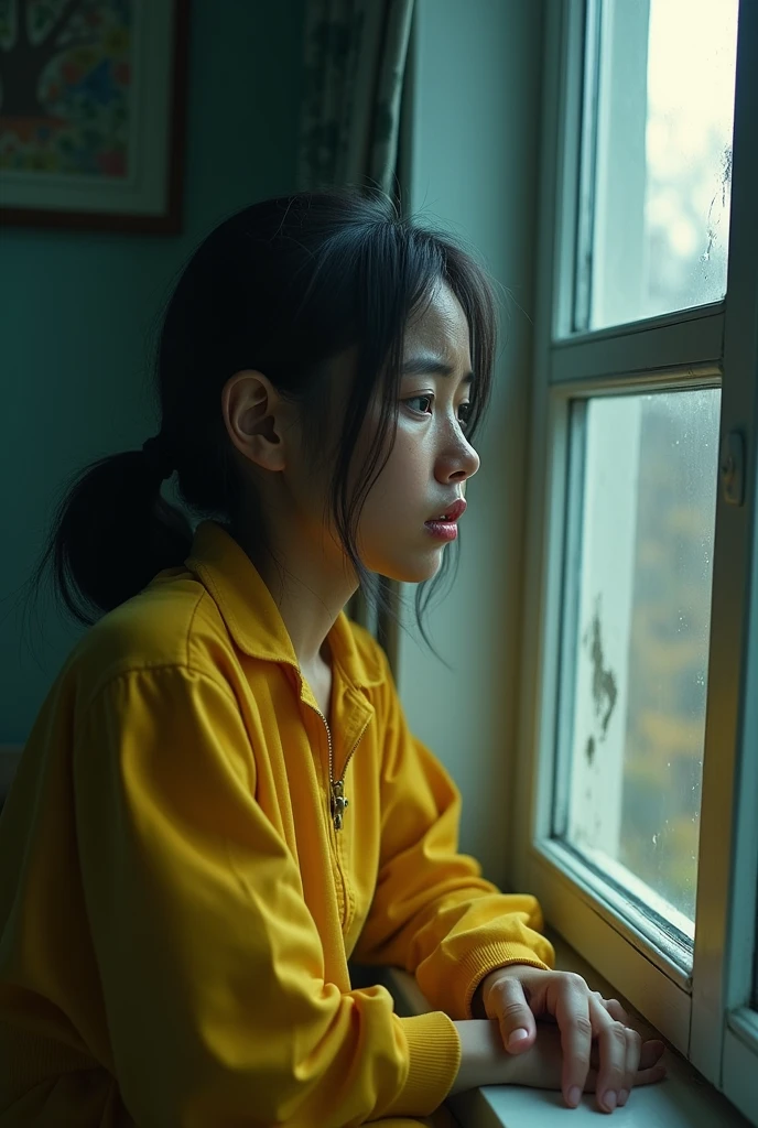 The property interface will be the WhatsApp application itself.  Resident wearing yellow, and crying at the window of the house. Excellent. Improve the image, Seja criativo. 