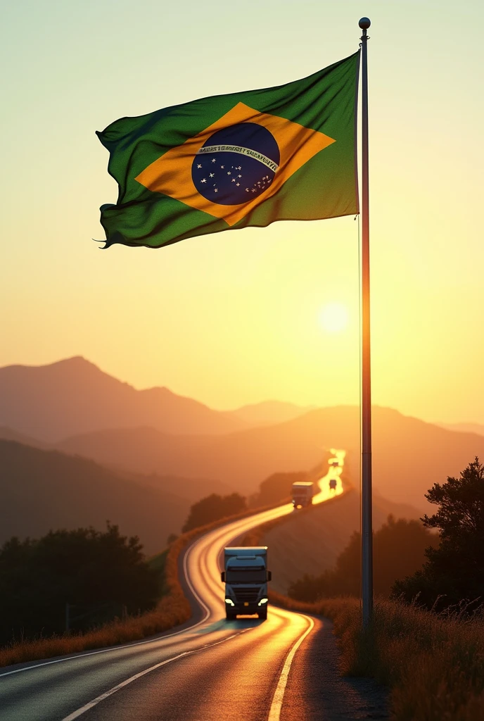  a pole with a Brazilian flag in a landscape with a white to yellowish sunset and on the road with trucks. the image has to be super realistic
