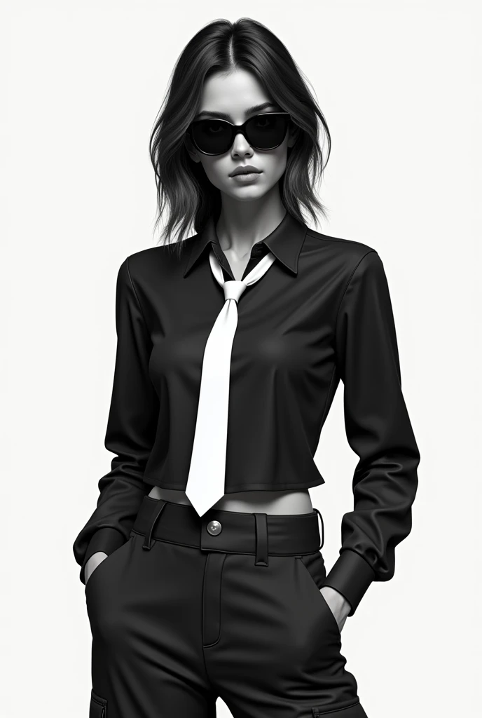 girl wearing tight black shirt with white necktie, sunglasses and cargo pants.