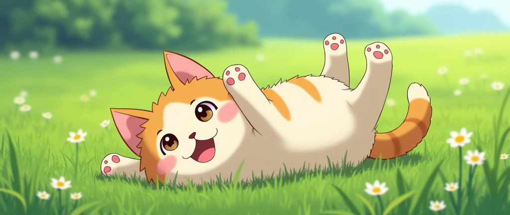 masterpiece,best quality, Kawaii A cat is happily rolling on the grass, Studio Ghibli Inspired