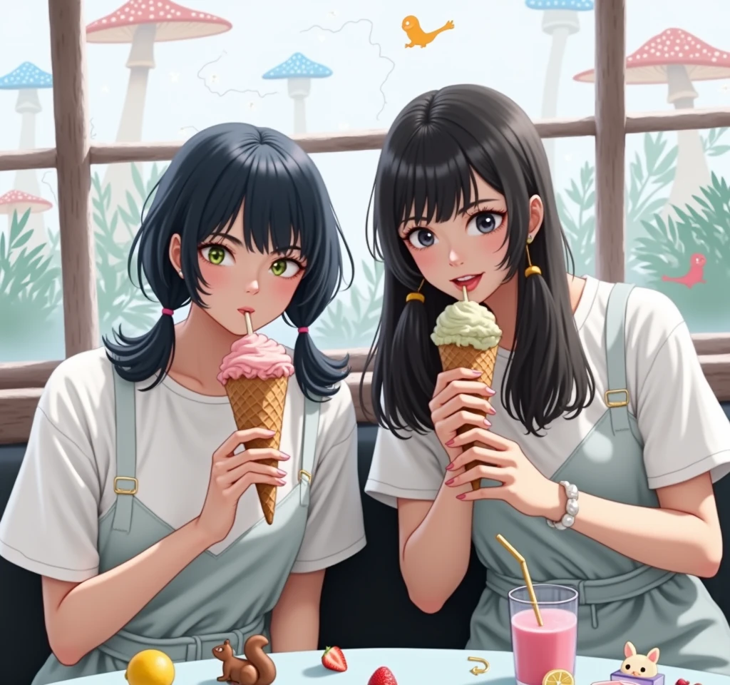 Two women holding two ice creams and a glass with a strawberry milkshake, drink, shikamimi, ❤🔥🍄🌪, 🚿🗝📝, 🐿🍸🍋, Yoshitomo Nara and Aya Takano, Cute Core, perfume, Ayami Kojima and Ryde Caldwell, Twin tails, drinking their hearts out, sakimi chan