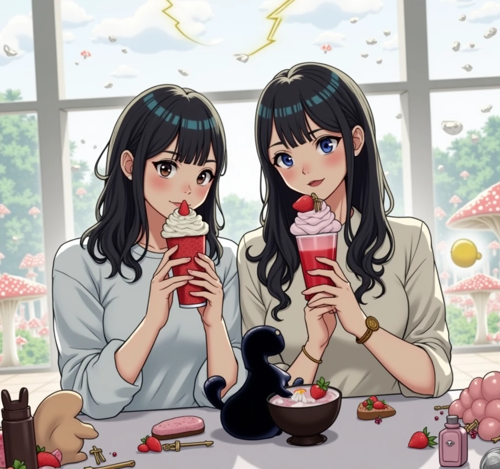 Two women holding two ice creams and a glass with a strawberry milkshake, drink, shikamimi, ❤🔥🍄🌪, 🚿🗝📝, 🐿🍸🍋, Yoshitomo Nara and Aya Takano, Cute Core, perfume, Ayami Kojima and Ryde Caldwell, Twin tails, drinking their hearts out, sakimi chan