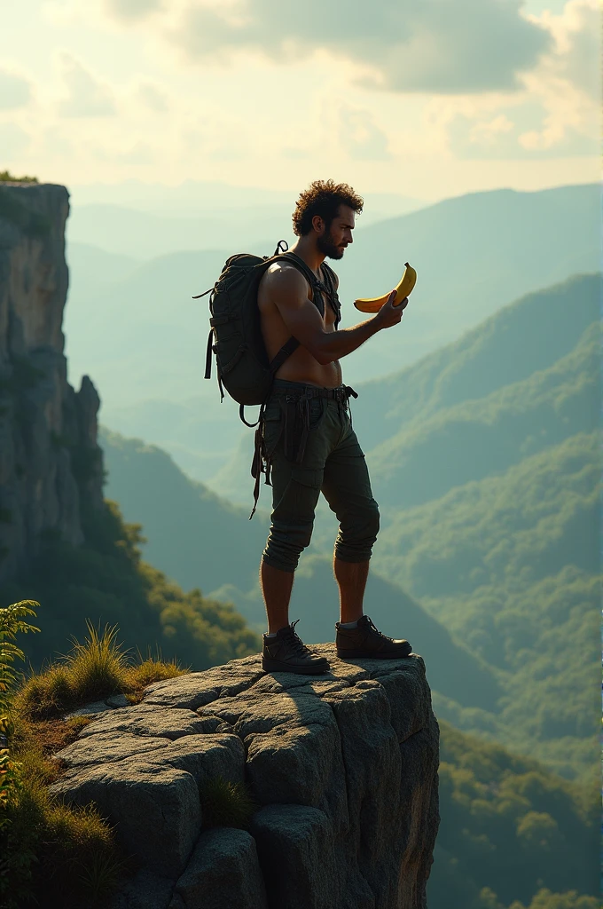 Man standing on a cliff eating banana 