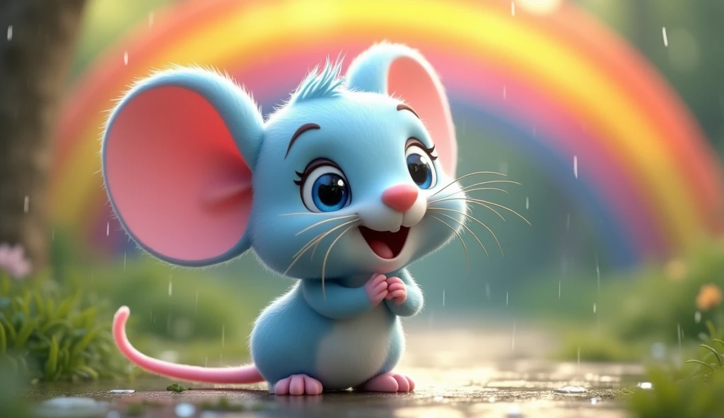 A charming 3D animated scene featuring Fiby, a small light blue mouse with pink details on its nose and the inside of its large, round ears, looking happily at the vibrant orange band of the rainbow against a backdrop of a rainy morning. Fiby is holding a small umbrella, and raindrops are gently falling around. Fiby’s joyful and friendly expression, with its big, round, and vibrant blue eyes, conveys a sense of wonder. Its pink tail curls slightly upward. Pixar-Disney style, DIGITAL ART