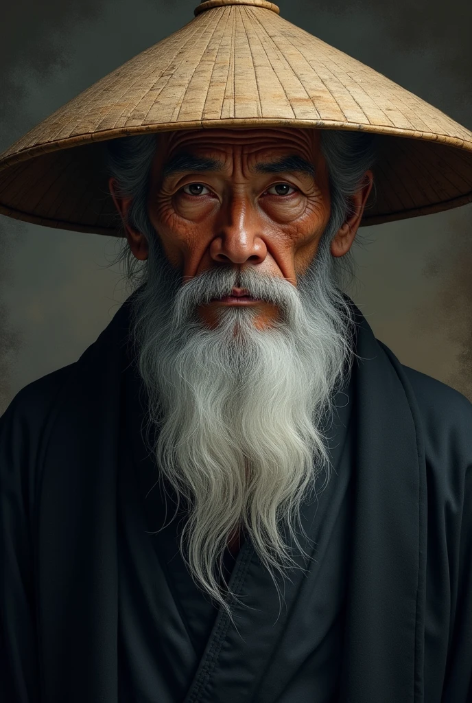 An old man with a long white beard and wrinkles, wearing a large Japanese hat, wearing traditional Japanese clothing from the neck up, wearing black clothes, and looking dignified.々Beautiful dark background illustration of face from the front