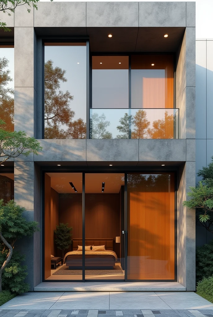 Help me create a 7 meter high facade, by 5 meters wide, in gray and caramel color, with a sliding door in 3 glass sheets, two windows at the top.