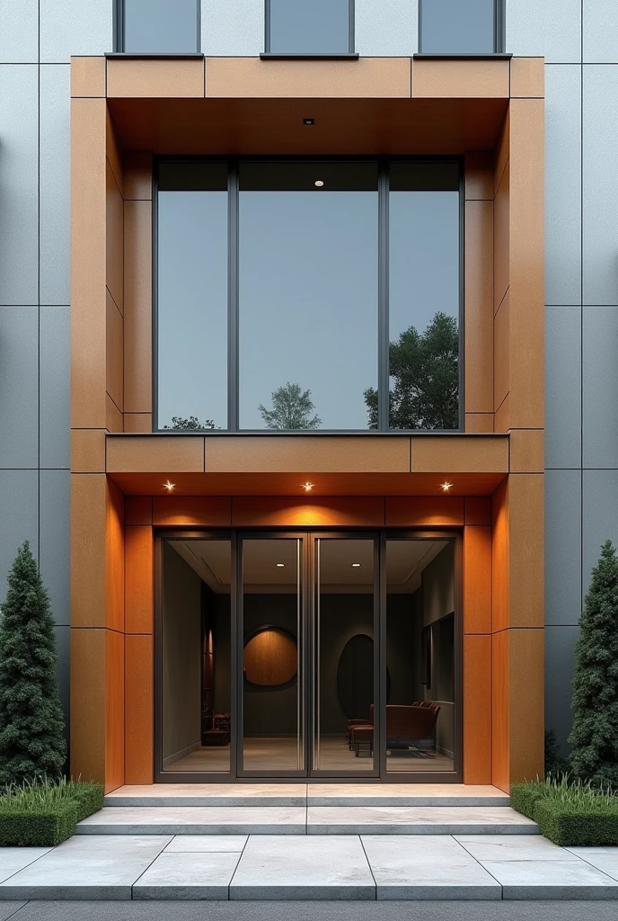 Help me create a 7 meter high facade, by 5 meters wide, in gray and caramel color, with a sliding door in 3 glass sheets, two windows at the top.