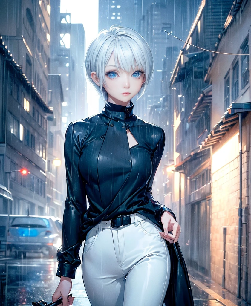 ((4K Works))、masterpiece、(Highest quality)、One beautiful girl、The body is slim、expensive、((Black Y-shirt and white pants、Charming street style))、Please put on a jacket.、Wearing a hood to hide his face、(Beautiful eyes in every detail)、Morning City、((Rainy Town))、Fashionable city with morning rain、During a walk、((Face similar to Carly Rae Jepsen))、((short-haired gray hair))、((Makes your face smaller))、((Neutral face))、((Bright Blue Eyes))、((American adult women))、((Adult female, 2))、((Cool woman))、((Like a celebrity))、((A lonely look))、((Korean Makeup))、((elongated and sharp eyes))、((Happy Date))、((boyish))、((Upper body photo shoot))、Professional photos、((Model Photo))、((Shot alone))、((She is under the roof))、((Look up at the sky))、((Shooting from behind))、((She is looking upwards))、((Her eyes are looking up))、((Increase the angle of the face))、((She is walking in front of the viewer))
