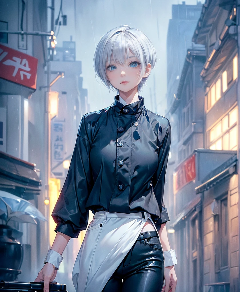 ((4K Works))、masterpiece、(Highest quality)、One beautiful girl、The body is slim、expensive、((Black Y-shirt and white pants、Charming street style))、Please put on a jacket.、Wearing a hood to hide his face、(Beautiful eyes in every detail)、Morning City、((Rainy Town))、Fashionable city with morning rain、During a walk、((Face similar to Carly Rae Jepsen))、((short-haired gray hair))、((Makes your face smaller))、((Neutral face))、((Bright Blue Eyes))、((American adult women))、((Adult female, 2))、((Cool woman))、((Like a celebrity))、((A lonely look))、((Korean Makeup))、((elongated and sharp eyes))、((Happy Date))、((boyish))、((Upper body photo shoot))、Professional photos、((Model Photo))、((Shot alone))、((She is under the roof))、((Look up at the sky))、((Shooting from behind))、((She is looking upwards))、((Her eyes are looking up))、((Increase the angle of the face))、((She is walking in front of the viewer))