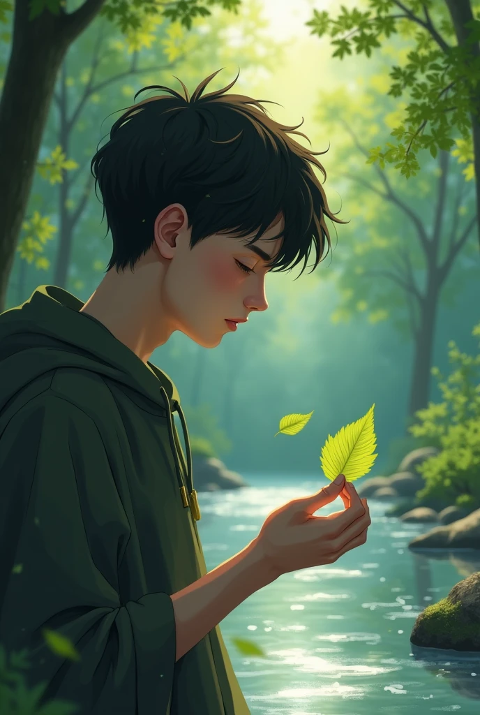 Prompt 3: In a peaceful forest clearing, A boy (age 21 year) writes "Gum" on a leaf and lets it go in a river. The leaf floats away, and the Boy(age 21 year) face lightens up, signifying the end of sorrow.