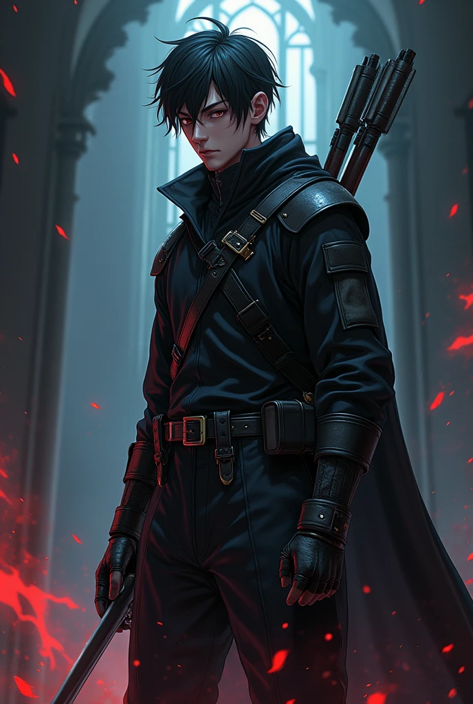 A male vilen wearing black hunter costume of age 24 manga art