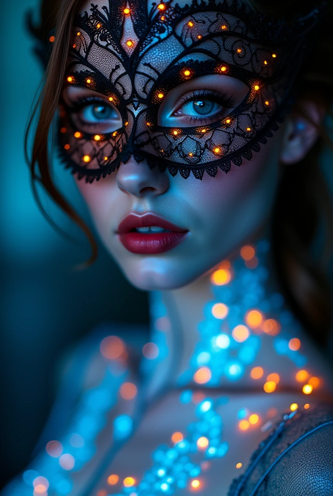 Close-up of a gorgeous sultry woman's face, focusing on her right side, wearing an ornate, intricate masquerade mask that covers her eyes and upper nose. The mask is detailed with lace-like patterns, embedded with small glowing lights and tiny luminescent filigree, primarily in blue and orange hues. The mask has an elaborate design that merges seamlessly with her skin, which is illuminated with bioluminescent patterns glowing in shades of blue and orange, covering her neck, shoulders, and chest. Her lips are slightly parted, showing a natural yet