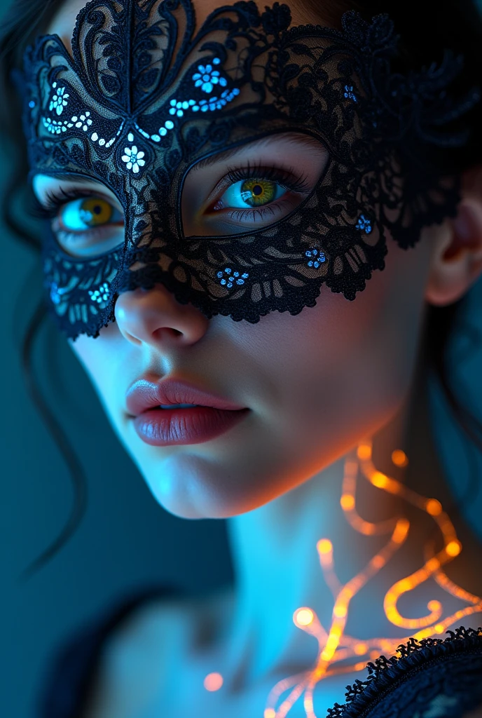 Close-up of a gorgeous sultry woman's face, focusing on her right side, wearing an ornate, intricate masquerade mask that covers her eyes and upper nose. The mask is detailed with lace-like patterns, embedded with small glowing lights and tiny luminescent filigree, primarily in blue and orange hues. The mask has an elaborate design that merges seamlessly with her skin, which is illuminated with bioluminescent patterns glowing in shades of blue and orange, covering her neck, shoulders, and chest. Her lips are slightly parted, showing a natural yet