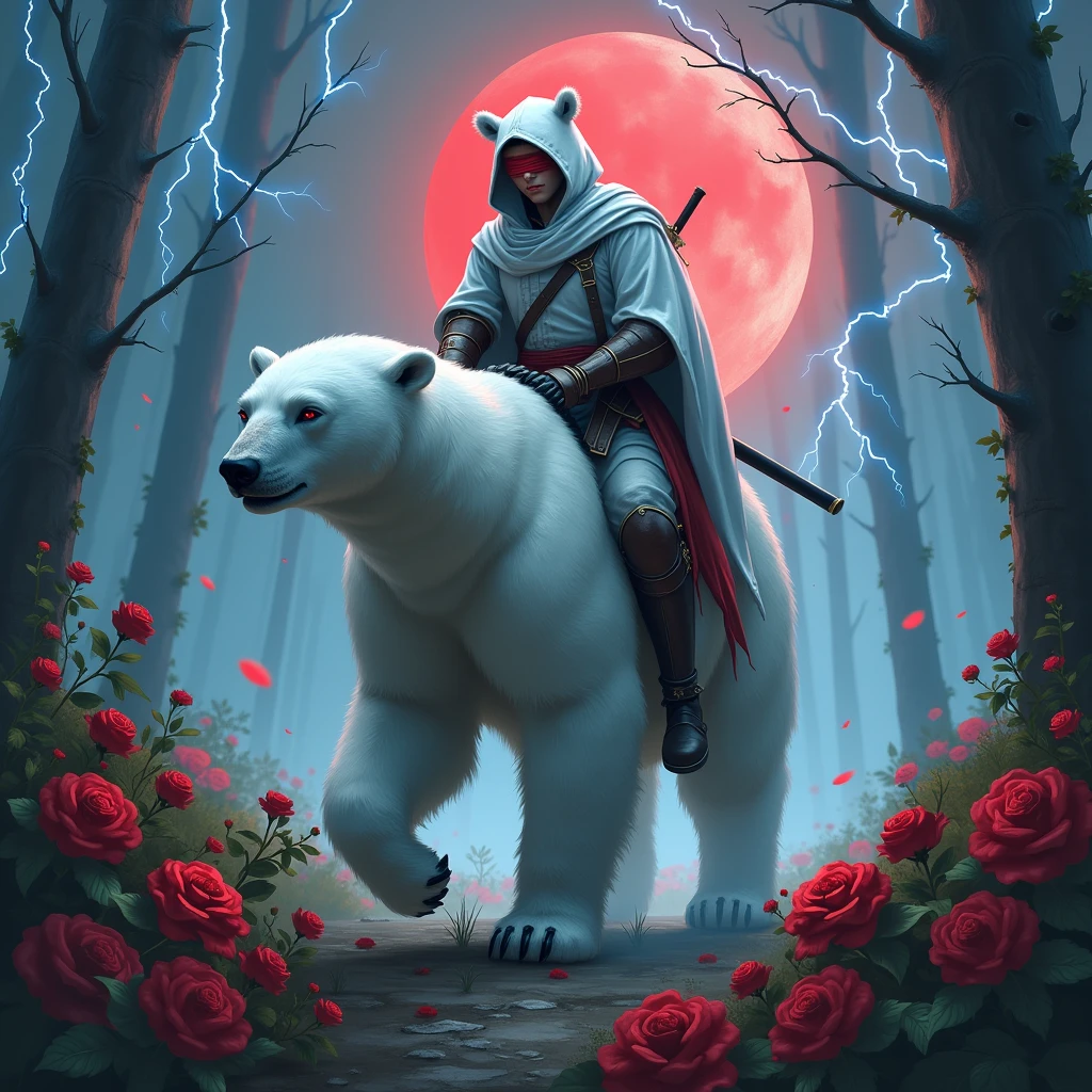 Godlike, in it a male knight with a white hood with bear ears and a katana at his back is riding a polar bear in a forest while the moon shines, many Roses cover the ground and lightning falls from the sky. The polar bear has black eyes. Only the man wears a red blindfold. In the background of the picture is the blood moon.