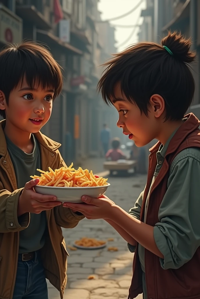 shows a hand gives meals to a hungry man