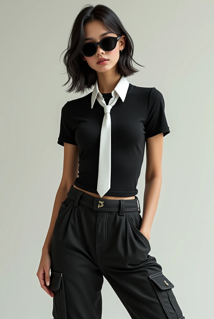 girl wearing tight black t-shirt with white necktie, sunglasses and cargo pants.