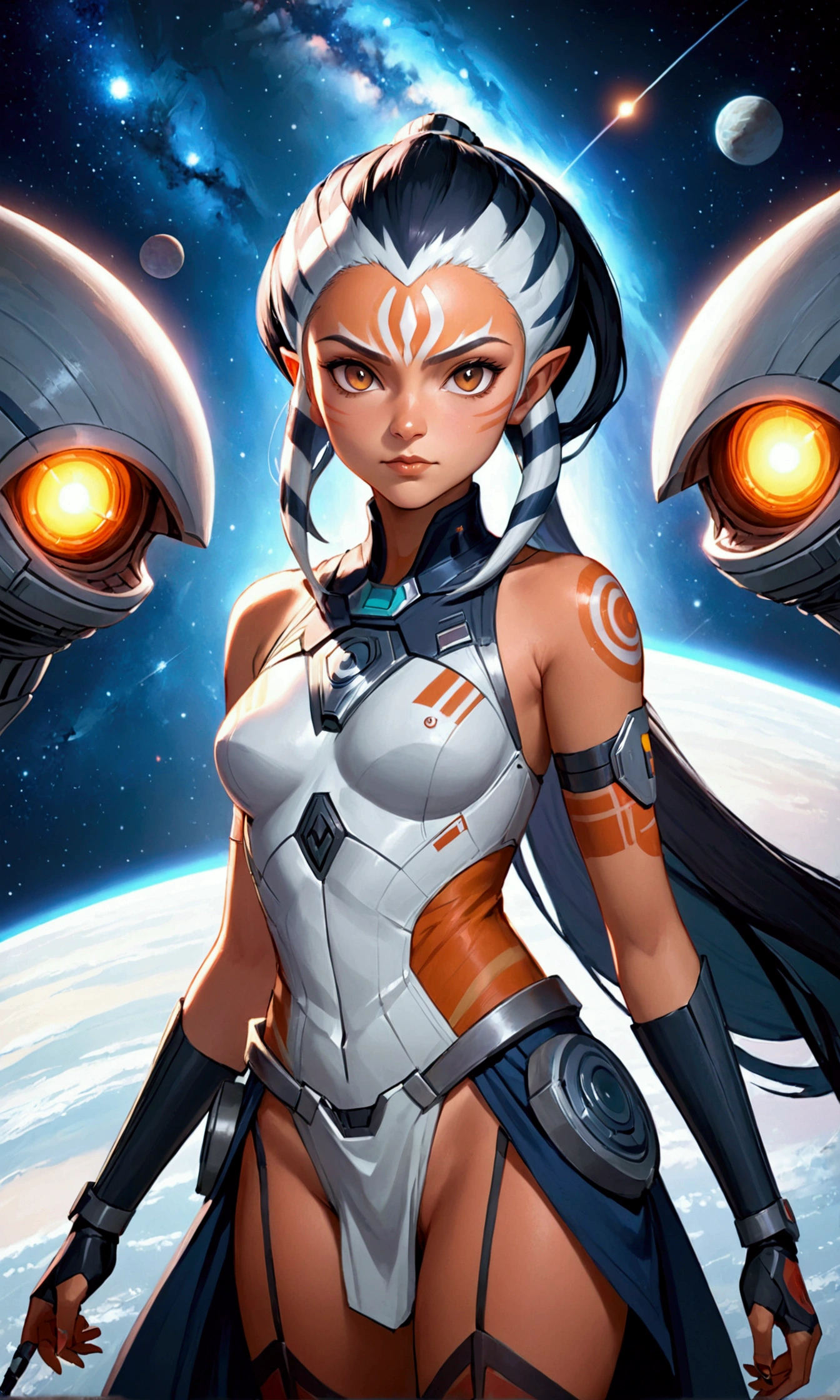 masterpiece, best quality, (1girl) , ahsoka_rebels, alien, 1girl, looking at viewer, cowboy shot, space background 