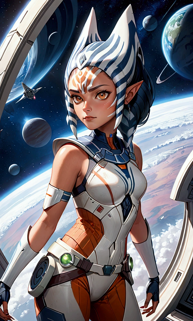 masterpiece, best quality, (1girl) , ahsoka_rebels, alien, 1girl, looking at viewer, cowboy shot, space background 