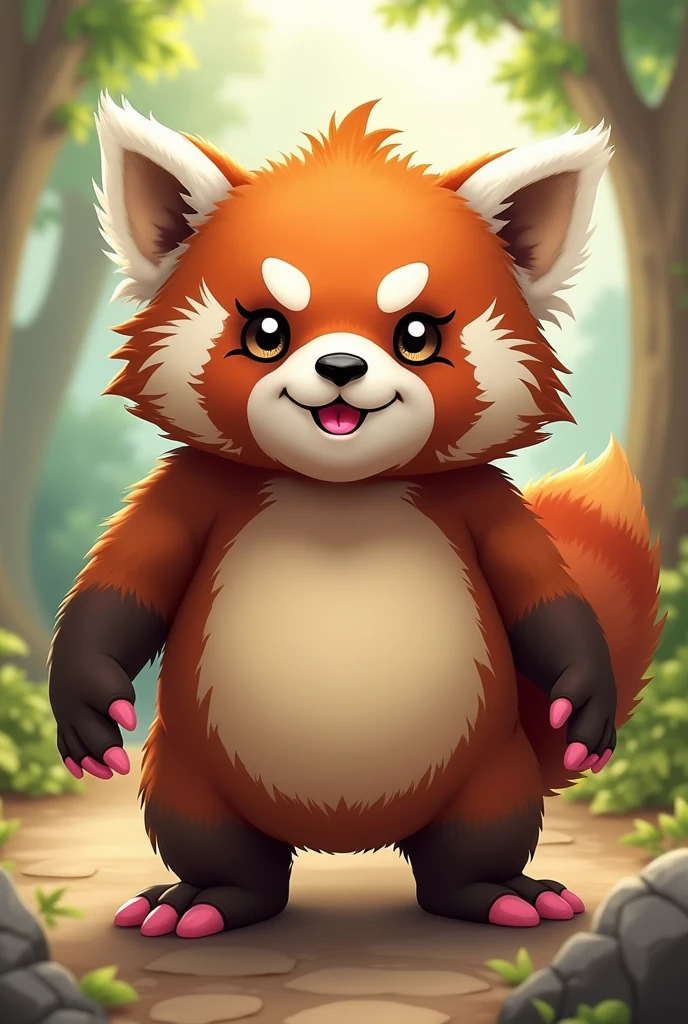 1.A red panda orc,
2.有着较为cute的脸蛋,Has a smooth tail 3.abdomen:Slightly round,Smooth some,Show more nudity,Not too fat,
4.Body hair:Brown and white meet.
5.Eye:Watery,Bigger head 6.Background Fantasy 7.Looks sunny,cute,Silly 8.手有着cute的小手掌,Pads on the palms,Pink pads 9.expression:Squinting and smiling