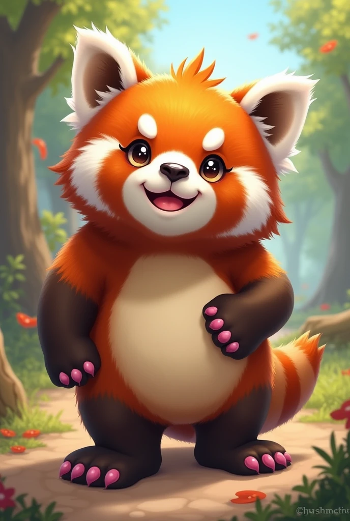 1.A red panda orc,
2.有着较为cute的脸蛋,Has a smooth tail 3.abdomen:Slightly round,Smooth some,Show more nudity,Not too fat,
4.Body hair:Brown and white meet.
5.Eye:Watery,Bigger head 6.Background Fantasy 7.Looks sunny,cute,Silly 8.手有着cute的小手掌,Pads on the palms,Pink pads 9.expression:Squinting and smiling