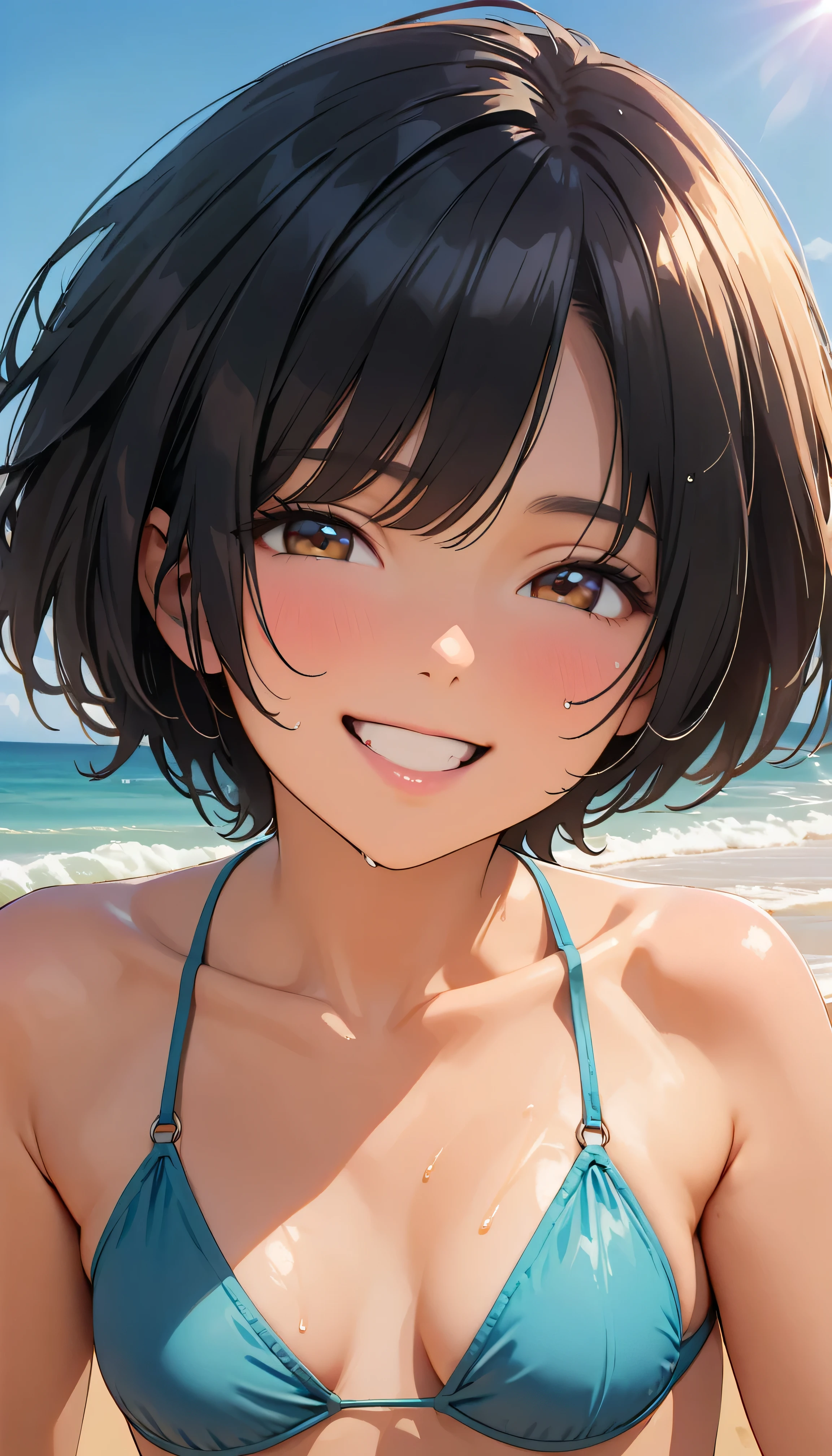 (Highest quality:1.2, Very detailed, up to date, Vibrant, masterpiece:1.2, Highest quality, Best aesthetics), smile, ((Face Up Shot:1.4)), 1980s style, 8k Ultra HD, Background Blur, smile, One Woman, Woman in bikini, Strong sunlight, Seaside, sunny, Summer sunshine, Wet Skin, Sandy Beach, Dynamic Angle, dynamic, Get excited,low length, Bobcut, very young, flat chested