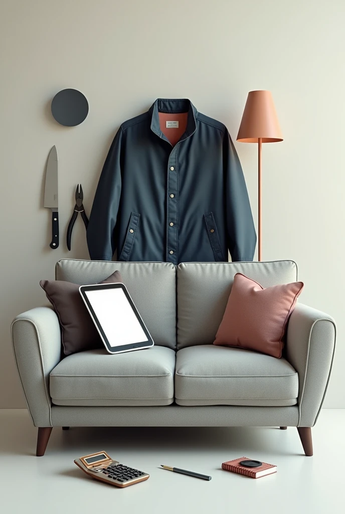 An image where a tablet is located, sofa, knife, calculator, jacket and pliers