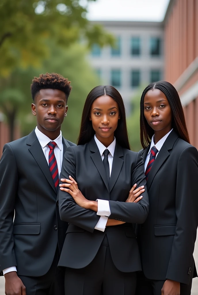 Two mature black boys and two mature black girls are standing next to each other in a university background. The four of them are properly dressed. The two girls are crossing their arms.