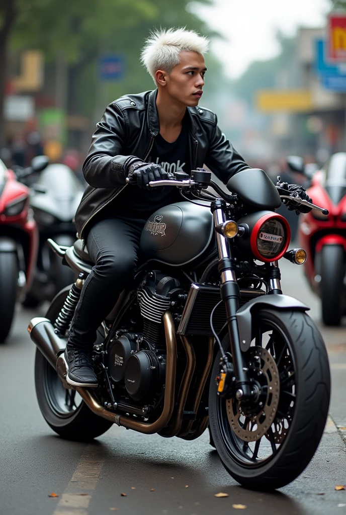 seorang pemuda tampan umur 17 tahun wearing a black jacket berambut putih, wearing a black jacket. riding a motorbike. wearing red adidas shoes, displays "MINGKAK" on his clothes. Budi beside his motorbike, secoopy, beat, my, spin, Aerox , ninja juPiter supra, full pariasai, very complicated modification, thick motorcycle tires.red light font