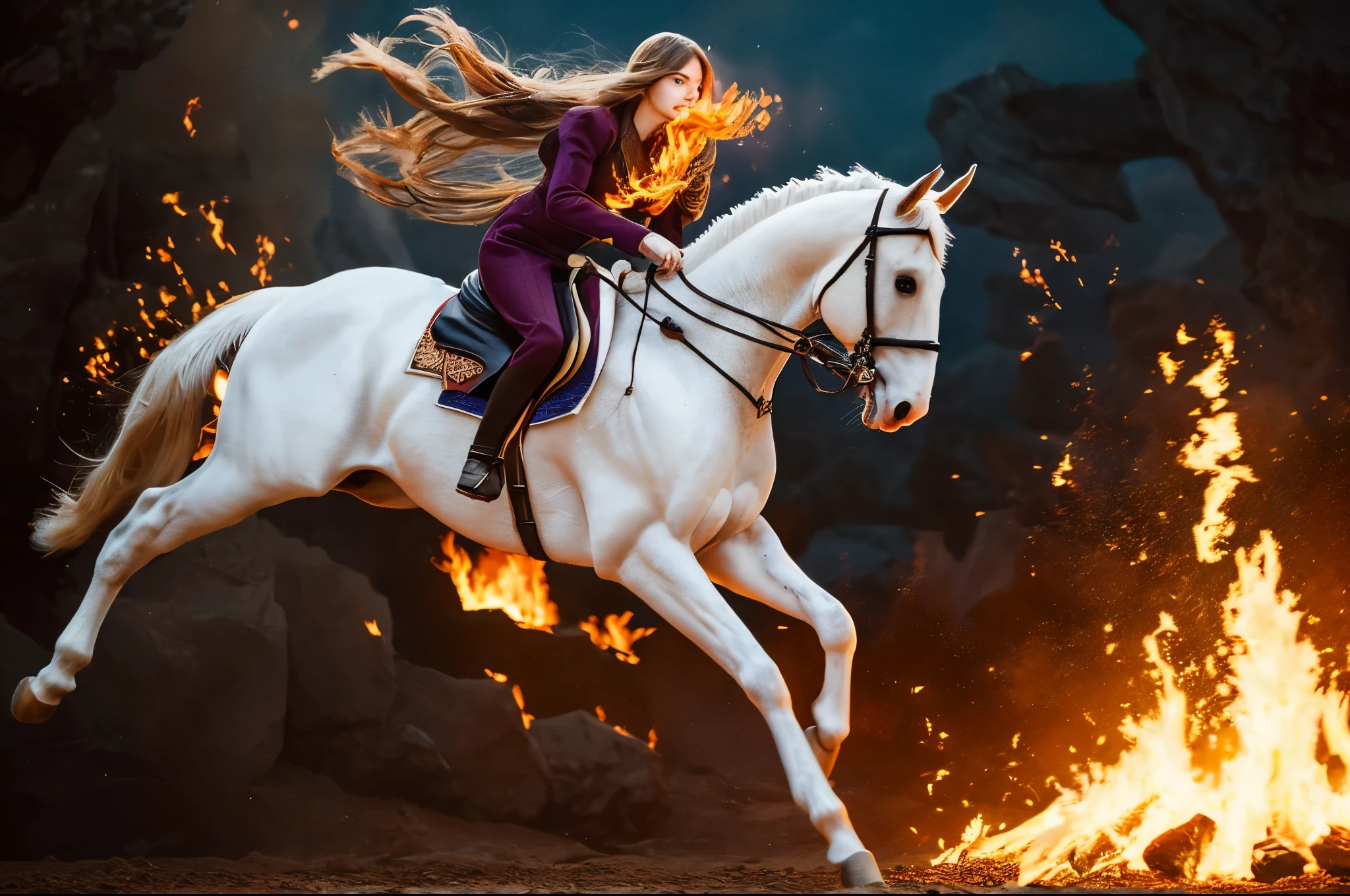 Highest quality masterpiece detailed A cool woman jumping on a white horse through the flames Photo style Dramatic Production Fantasy Fantasy