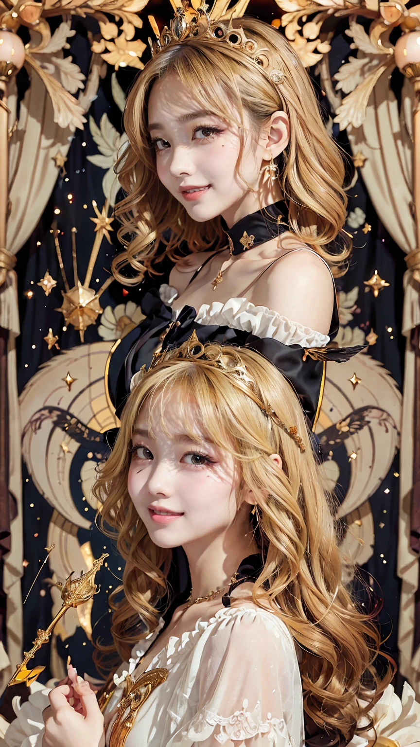 Tarot card types、Realistic、masterpiece、Highest quality、Highest quality、Mucha style、Art Nouveau、In a luxurious hotel suite、one princess、Cute pose、Upper body photo、Medieval European princess dress、(Blonde Hair、Wavy Hair, Long Hair:1.2)、Cute Makeup、Draw lots of eyelashes、Deep orange blush、profile、smilingly, Showing teeth、Upward glance