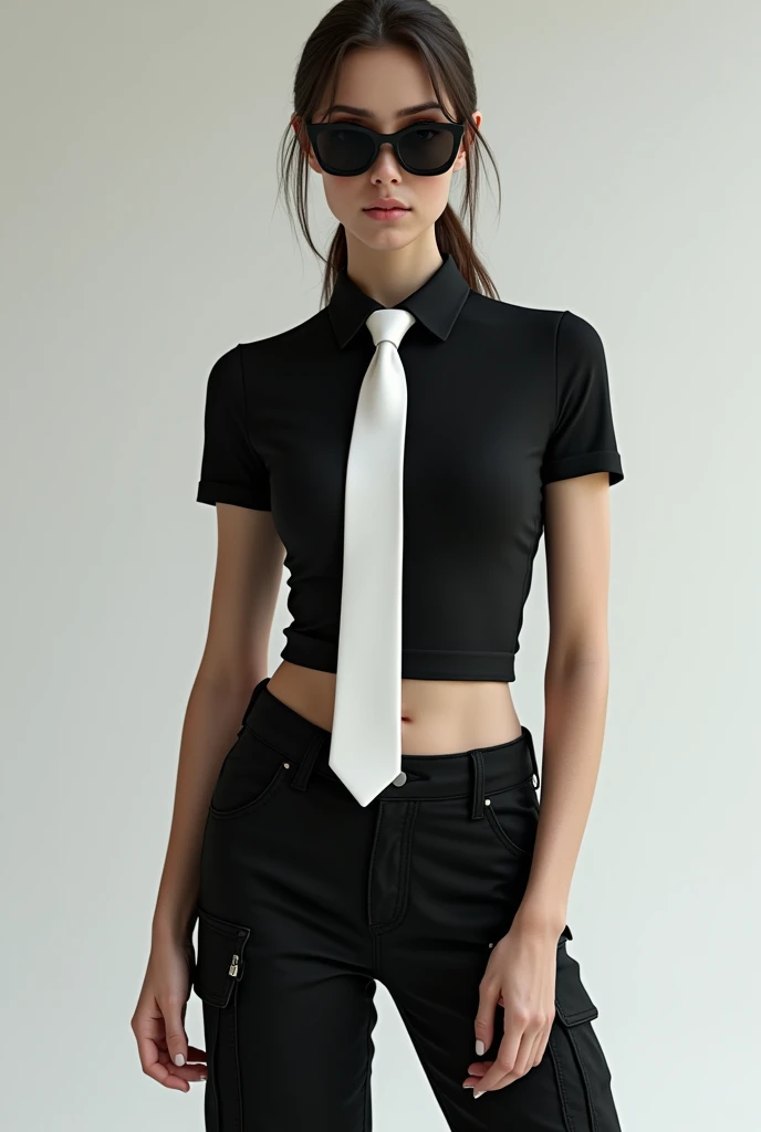girl wearing tight black t-shirt with white necktie, sunglasses and cargo pants.