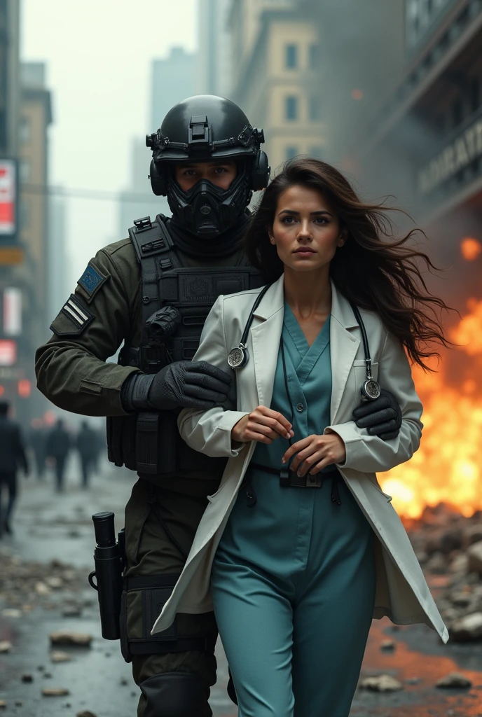 anti-terror special forces soldier saving a beautiful doctor from a terrorist attack