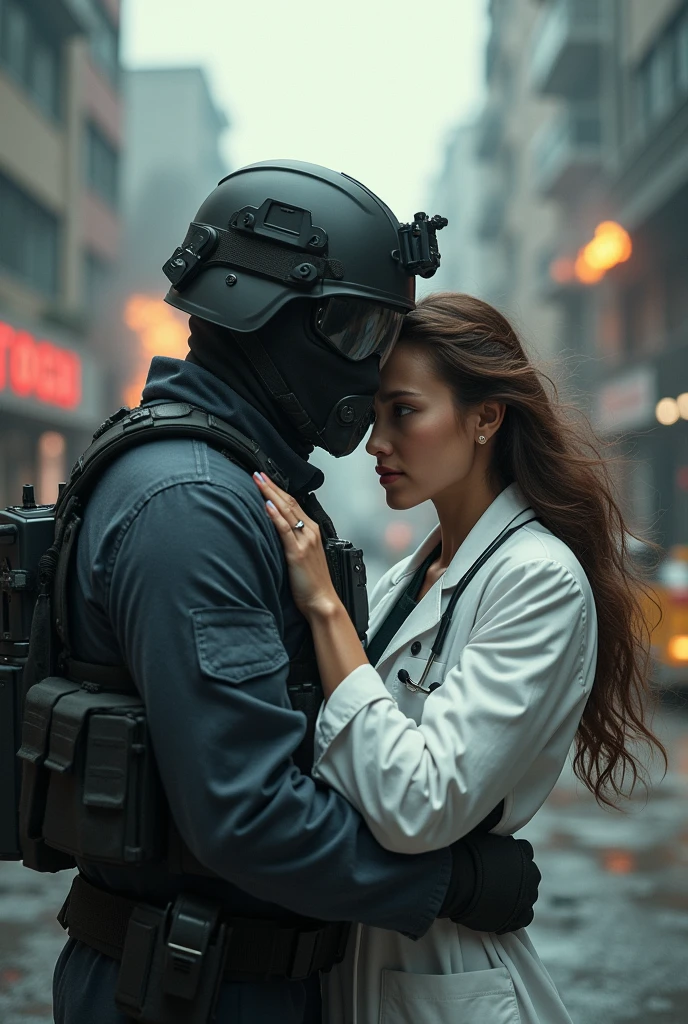 anti-terror special forces soldier saving a beautiful doctor from a terrorist attack
