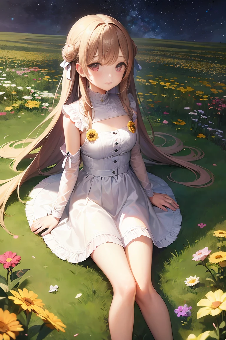 A girl on a meadow,Stars twinkling in the sky,Shining Star,milky way,full moon,I look up and see,Wildflowers are in full bloom,Pure World,masterpiece,Highest quality,最高masterpiece,Detailed anime art,Digital Art,