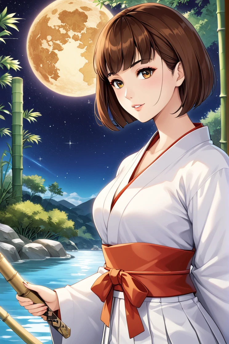 High resolution, masterpiece, 最high quality, Very detailed, high quality, Textured skin, Bob Hair, Brown Hair, Natural look,Sparkle Effect, far and near method, chest, A girl with a bamboo sword, Hakama,Japanese garden