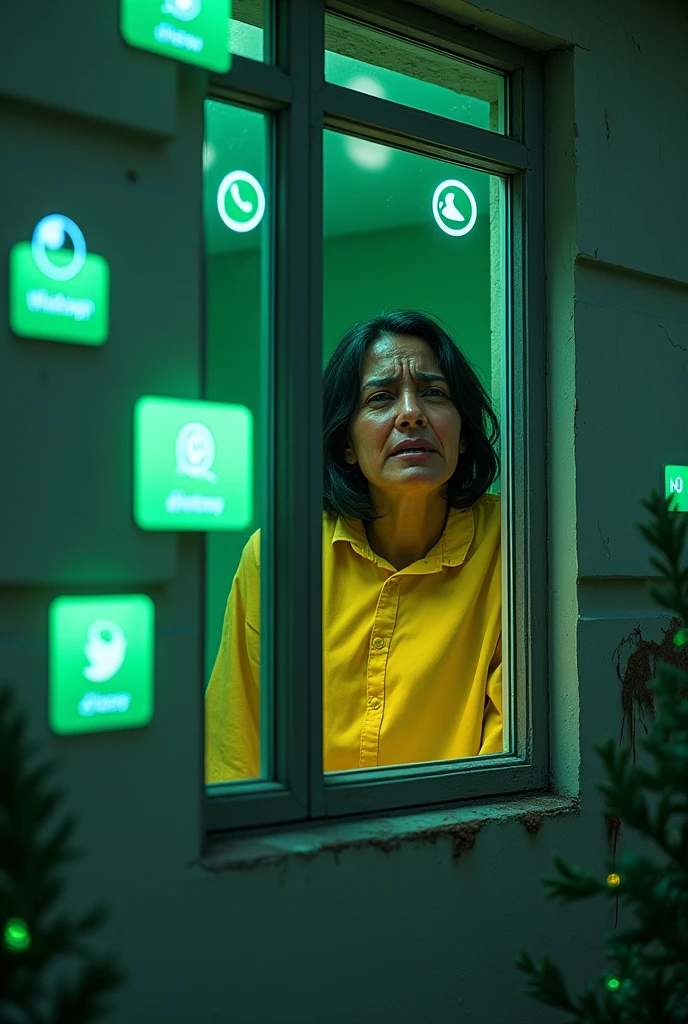 The property interface will be the WhatsApp application itself.  Resident wearing yellow, and crying at the window of the house. Excellent. Improve the image, Seja criativo. The house should look like a messaging app, whatsapp.