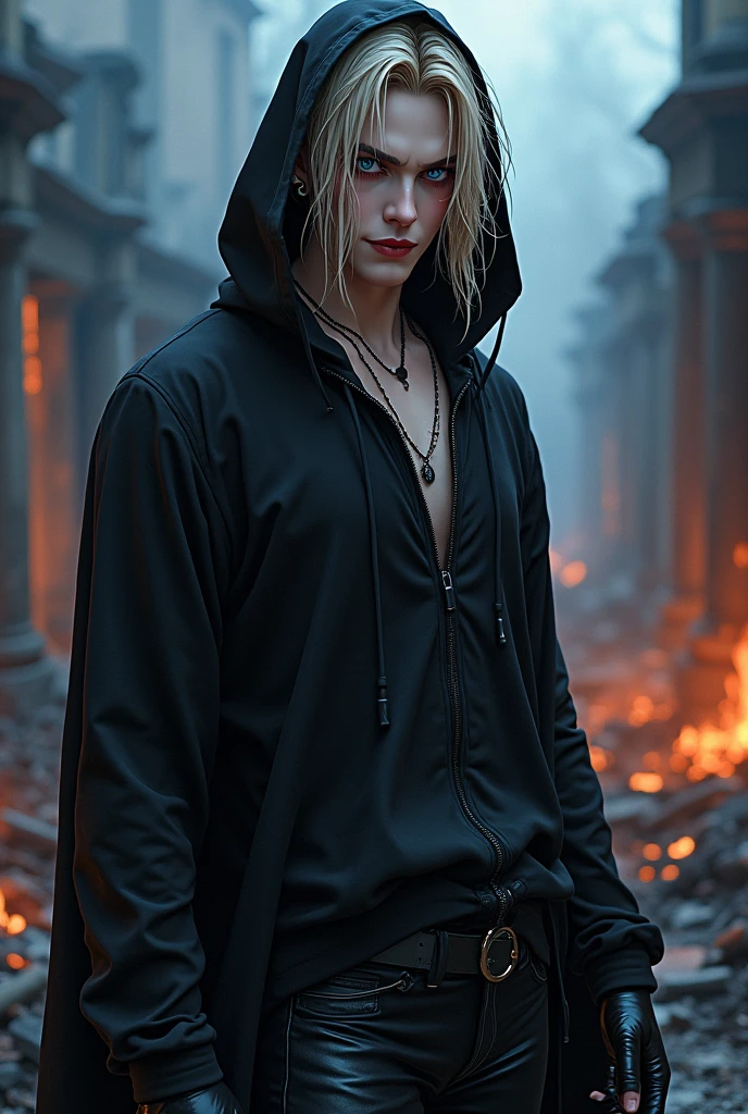 a male, with long dirty blonde hair, Blue eyes, long lashes, delicate features, spooky makeup, black gloves, and sexy black clothes. blood splatter. Absolute God. Mysterious. midnight. Anime style. Sexy. Smirking mischievously. Red lips. Black eyeliner. With lip ring piercing.Very tight and thin black hoodie. Cover head. Shiny. Leather jeans. Dark. (((masterpiece)) ((pretty well drawn)) ((attractive features)) (excellent quality) ((lip ring piercing) Black earrings. Necklace. Sexy. Glowing colors. (Sexy pose) ((Hot male)) Ring lip piercing. Long black leather boots. Burning down a village. ((Impressive)) (View half body)