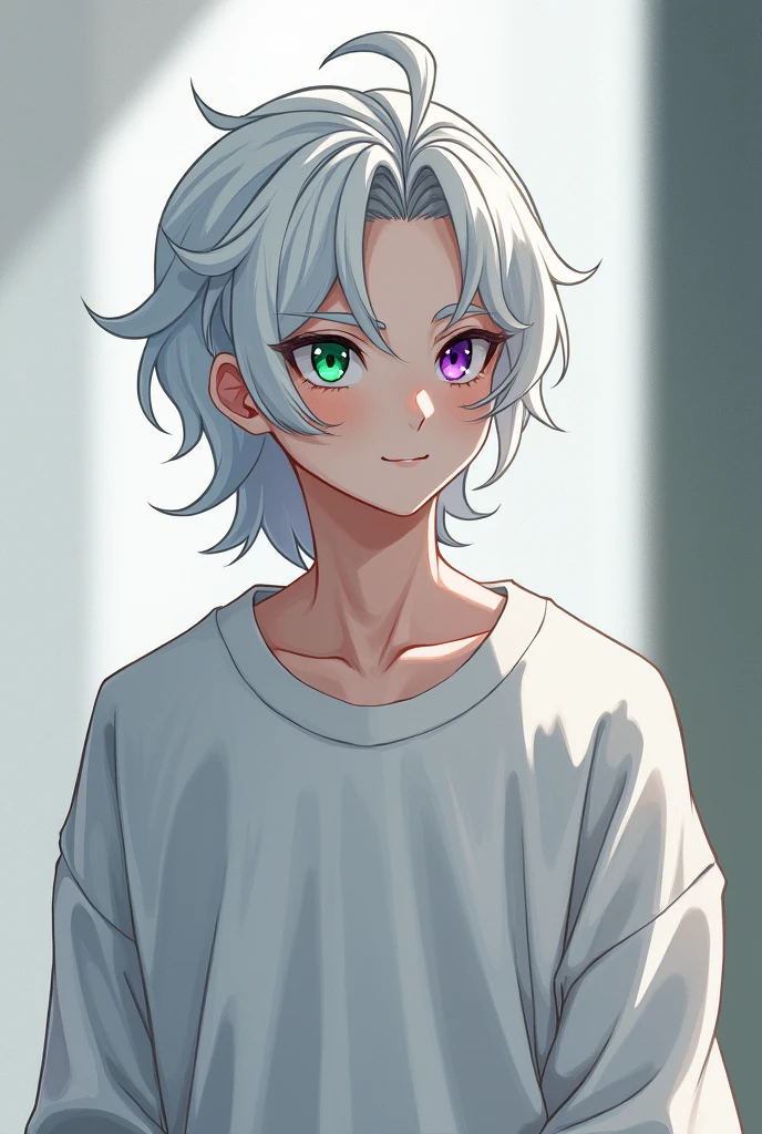 A man with a playful appearance, shoulder-length white hair, one eye of bright green color and the other of violet color, has approximately 1.20 tall and wears a loose white sweatshirt. NON-EFFEMINATE MAN 
