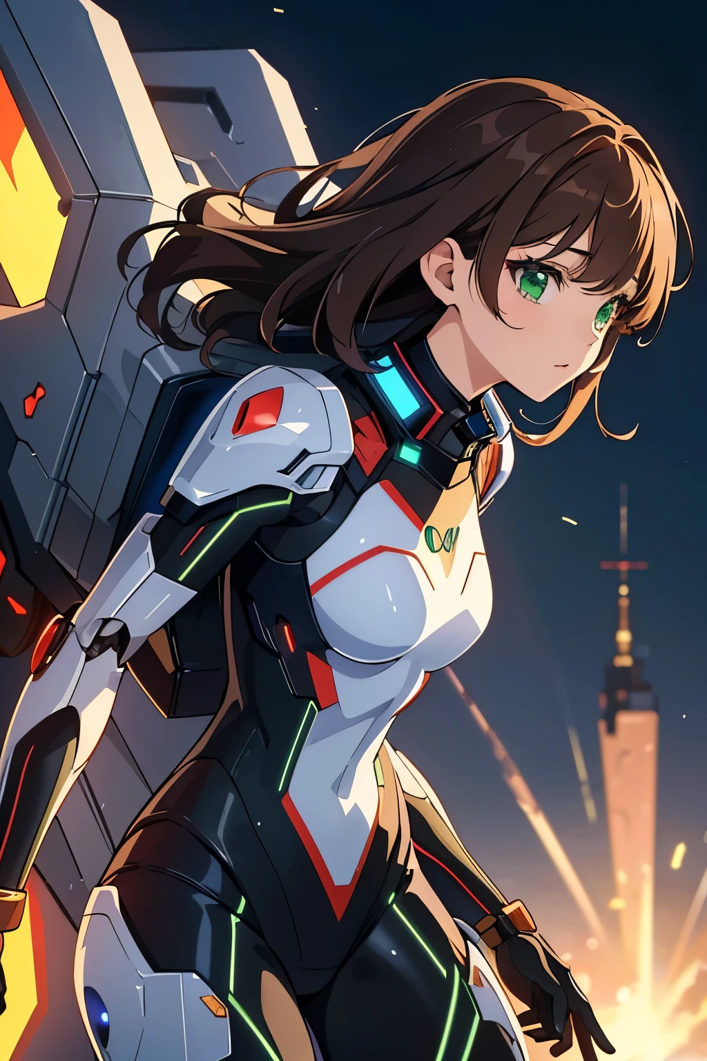 ((masterpiece, Highest quality, High resolution, 超High resolution, Pixel perfect, Written boundary depth, 4K, RTTX 10.0, High resolution))), 1 person, single, alone, Beautiful Anime, Beautiful art style, Anime characters, ((Shortcuts, bangs, Dark brown hair)), ((Green Eyes:1.4, Round eyes, Beautiful eyelashes, current eyes)), ((Smooth texture:0.75, Anime CG style)), ((Dynamic Angle, close)), Perfect body, (cute), Normal chest, whole body, ((4K, 8k, Highest quality, Perfect Fingers: 1.3, Perfect Anatomy: 1.3, Background Blur)), whole bodyアングル, Illustration of a girl in a mech suit, The characters are dressed in highly functional and stylish mecha suits.、The suit is designed to fit the body、Features various parts that support movement and glowing energy lines, The suit's color has a metallic texture., The background is a futuristic city and a battlefield.、Overall powerful、A scene full of sci-fi vibes