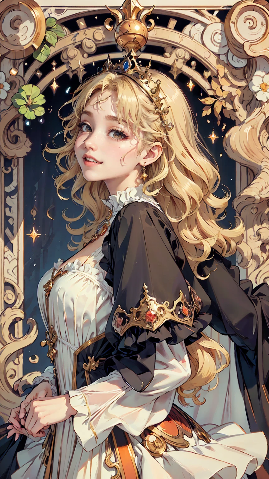 Realistic、masterpiece、Highest quality、Highest quality、Mucha style、Art Nouveau、In a luxurious hotel suite、one princess、Cute pose、Upper body photo、Medieval European princess dress、(Blonde Hair、Wavy Hair, Long Hair:1.2)、Cute Makeup、Draw lots of eyelashes、Deep orange blush、profile、smilingly, Showing teeth、Upward glance