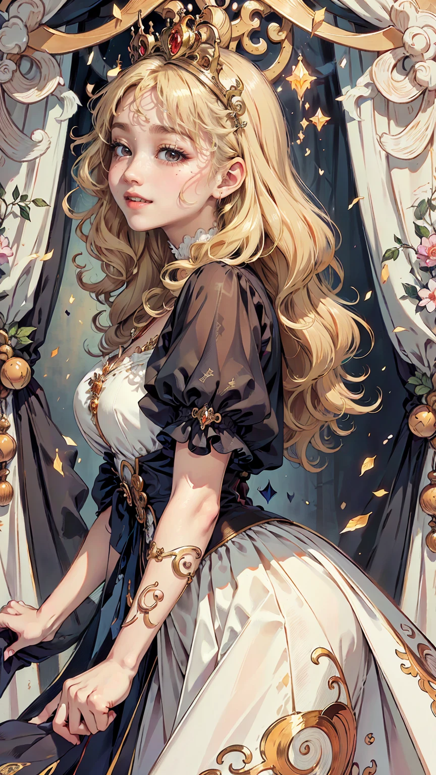 Realistic、masterpiece、Highest quality、Highest quality、Mucha style、Art Nouveau、In a luxurious hotel suite、one princess、Cute pose、Upper body photo、Medieval European princess dress、(Blonde Hair、Wavy Hair, Long Hair:1.2)、Cute Makeup、Draw lots of eyelashes、Deep orange blush、profile、smilingly, Showing teeth、Upward glance
