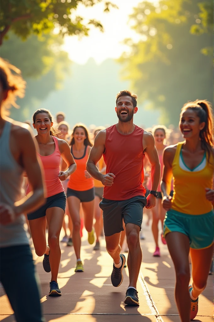 People doing physical activities outdoors or at the gym, with happy expressions.