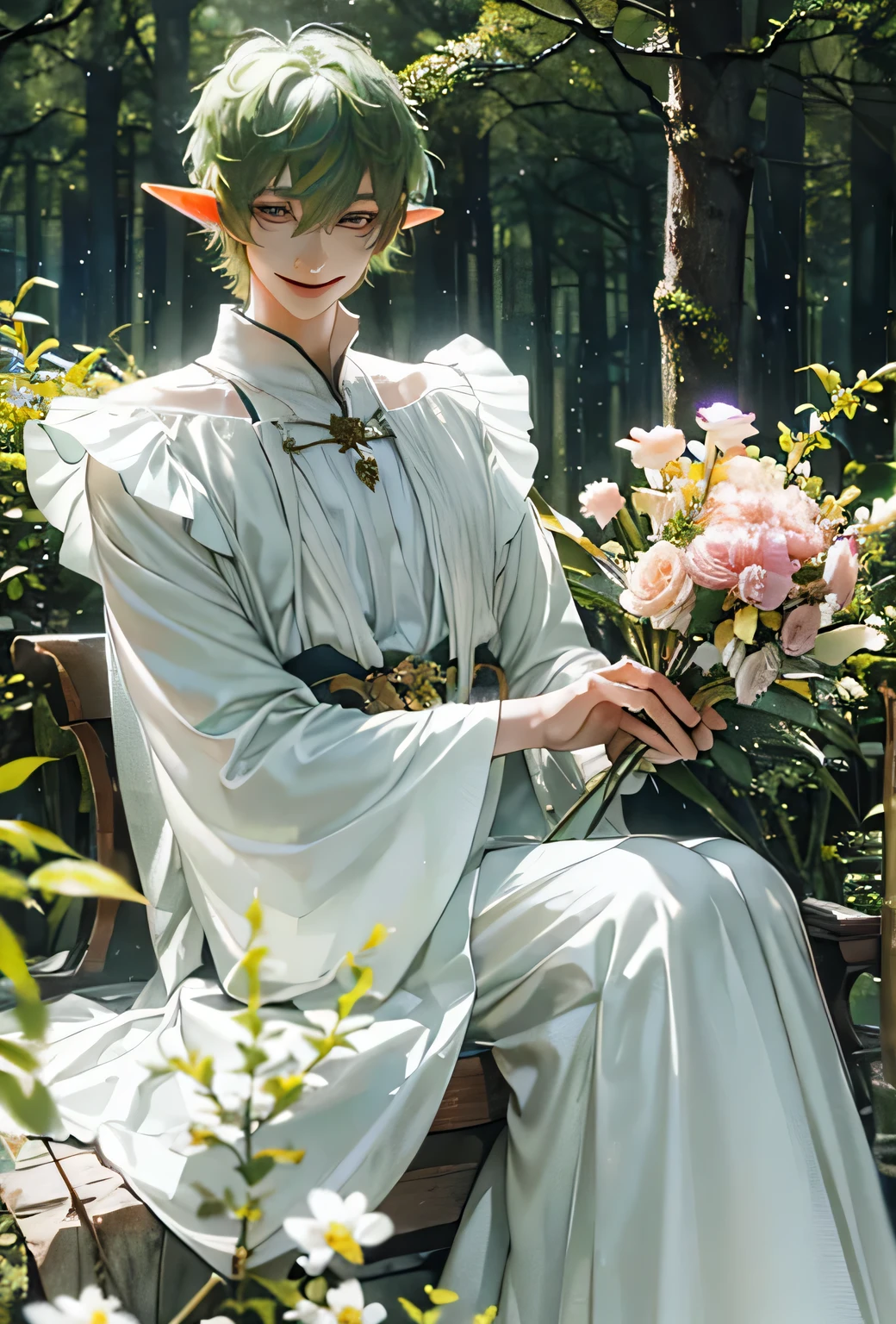 Elf，Dryad，is a male，fair skin，short hair，(expression，melancholy、Handsome，Smile) background(forest、Let a hundred flowers bloom) clothing(Elf服) Dreamy picture(watercolor quality) There are beautiful clouds and moonlight