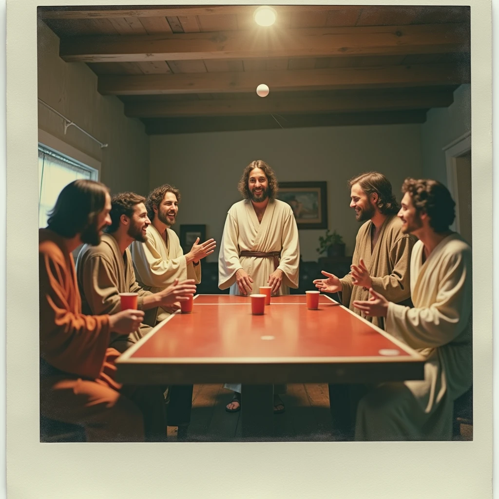 realistic polaroid photo of jesus and his disciples playing beer pong,