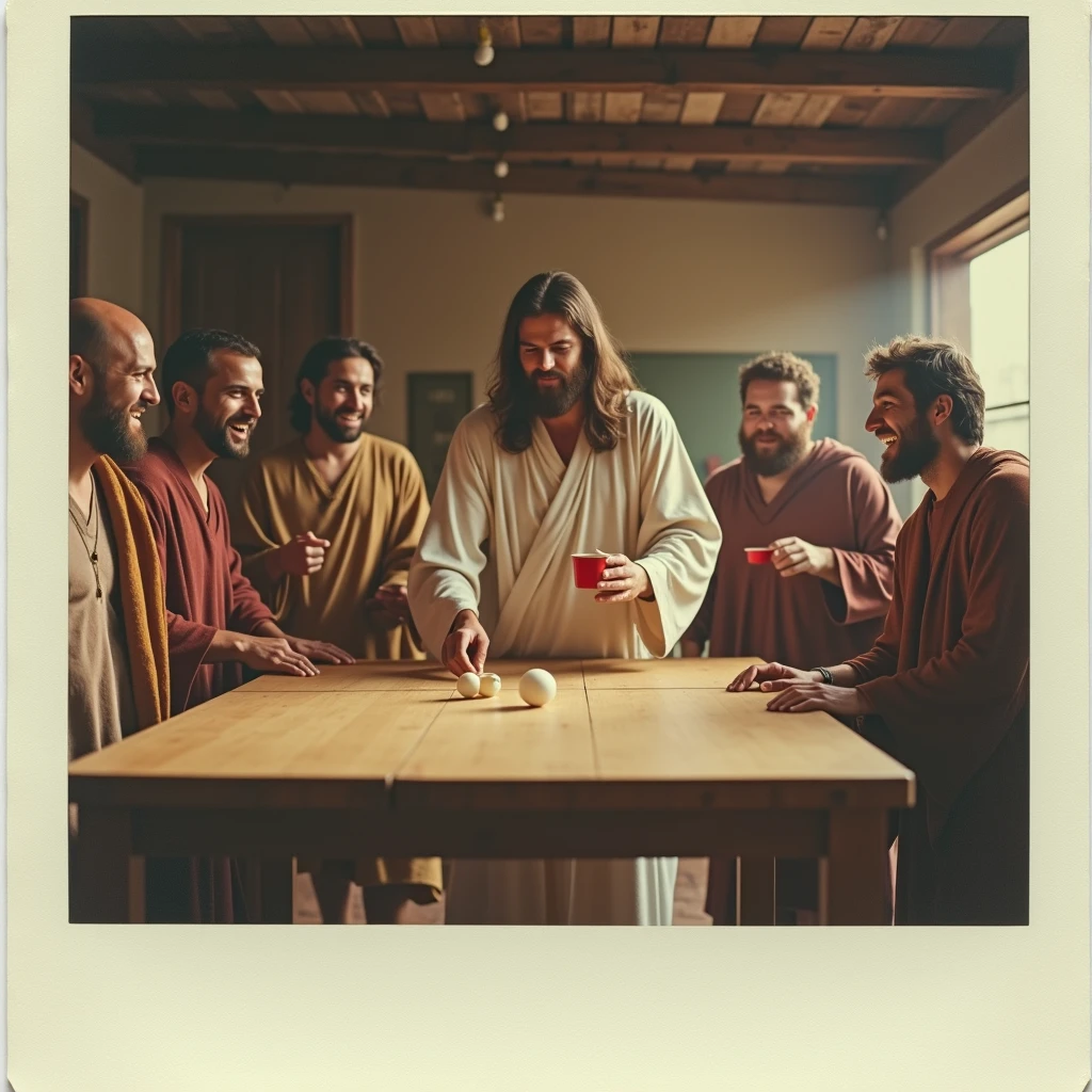 realistic polaroid photo of jesus and his disciples playing beer pong,