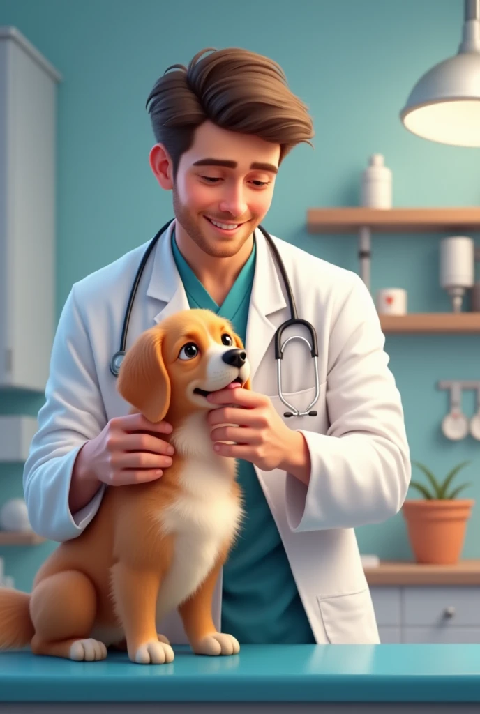 Cute handsome veterinary male doctor treating very cute dog