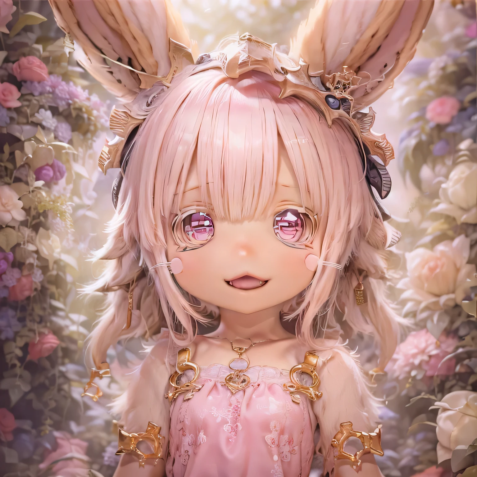 in the garden, smile, Similar to Nanachi from Made in Abyss. She is beautiful, Beautiful eyes and lips. (((Chibi Style,))) . Image quality is excellent, Highly detailed and realistic features. The medium of this work is、Combining illustration and photorealistic rendering.. The colors are vivid、The lighting creates a warm and bright atmosphere。 whole body(((((Cute pink dress)))))Contrasting cute poses